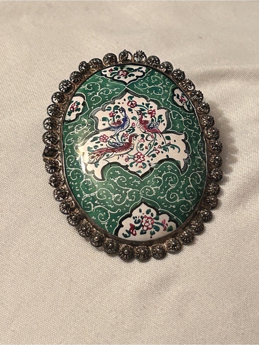 Antique 1920s Persian Minakari Hand Painted Green Enamel Bird 2” Brooch C Clasp